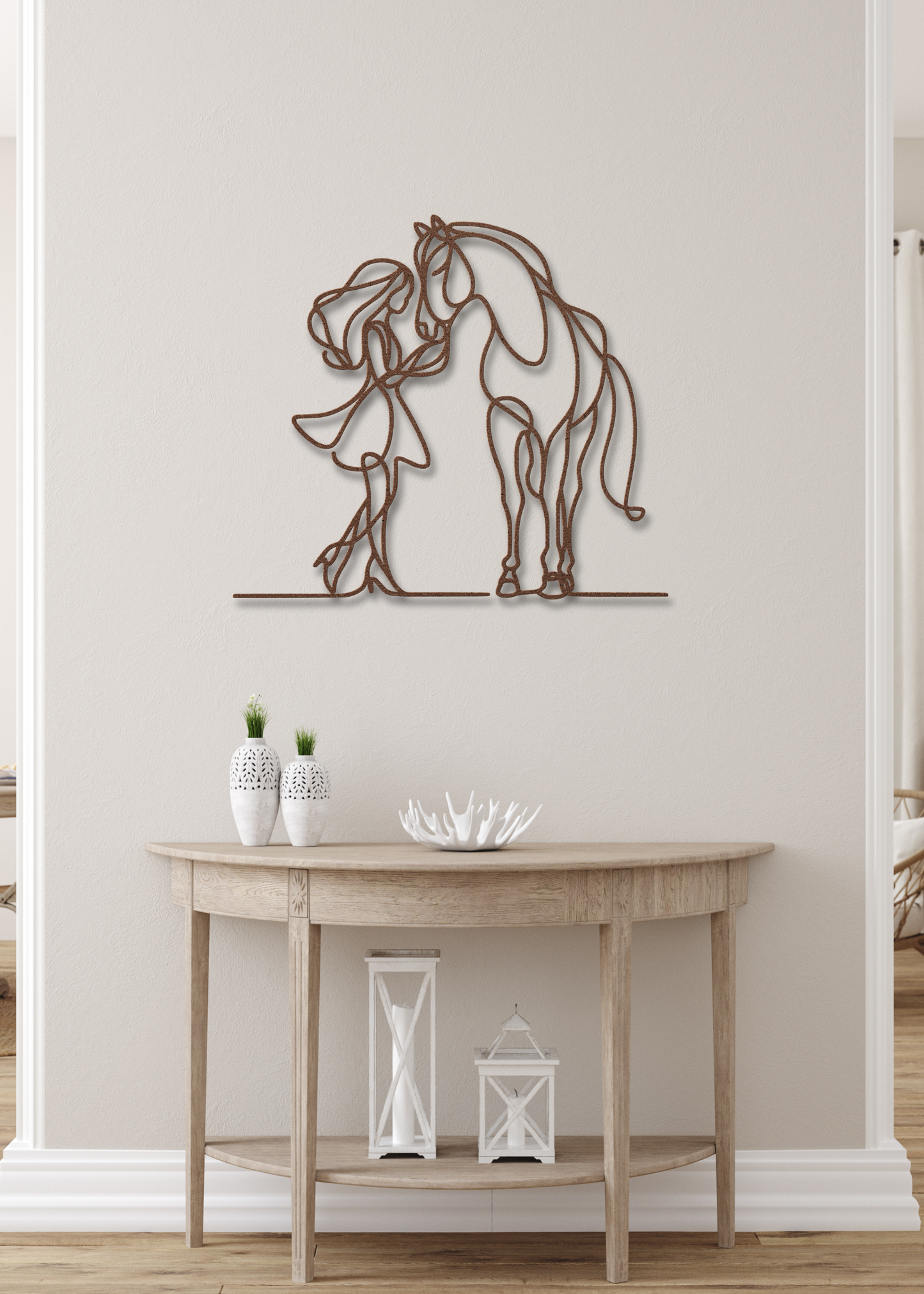 Girl and Horse Affection Fine Line Metal Wall Art
