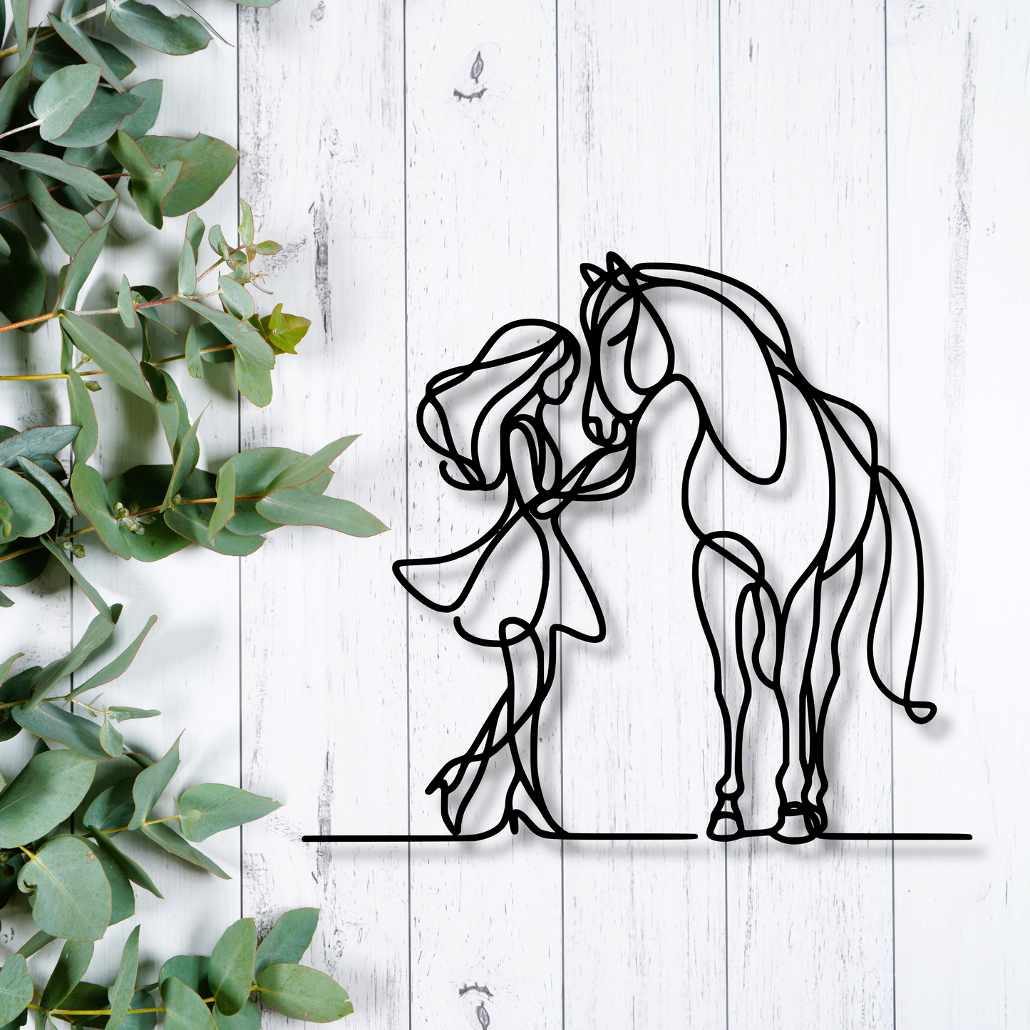 Girl and Horse Affection Fine Line Metal Wall Art