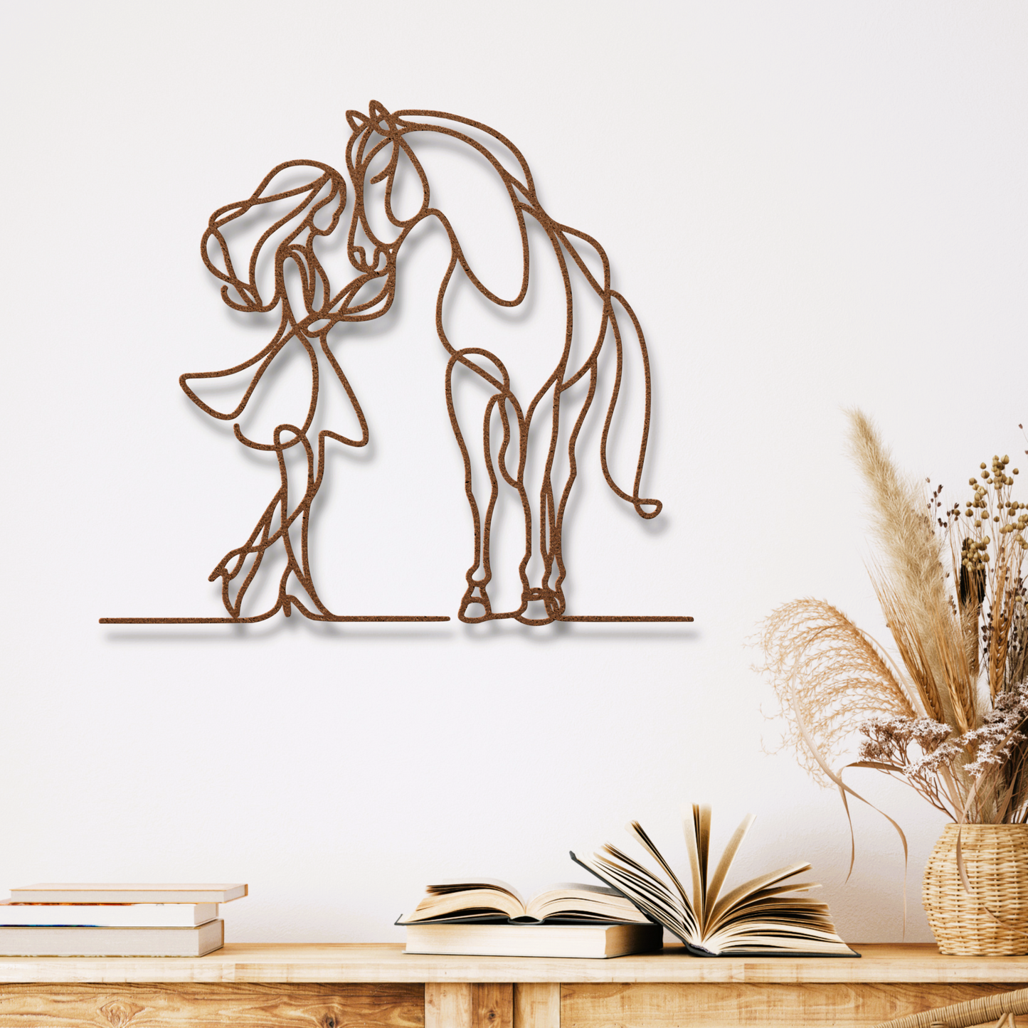 Girl and Horse Affection Fine Line Metal Wall Art