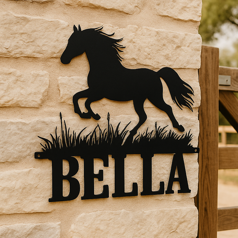 Custom metal horse name sign – “Bella' design by Hoofbeat Equestrian Décor. Personalized wall art for barns, ranches, or homes.