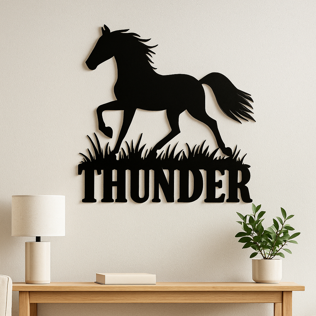 Custom metal horse name sign – “Thunder” design by Hoofbeat Equestrian Décor. Personalized wall art for barns, ranches, or homes.