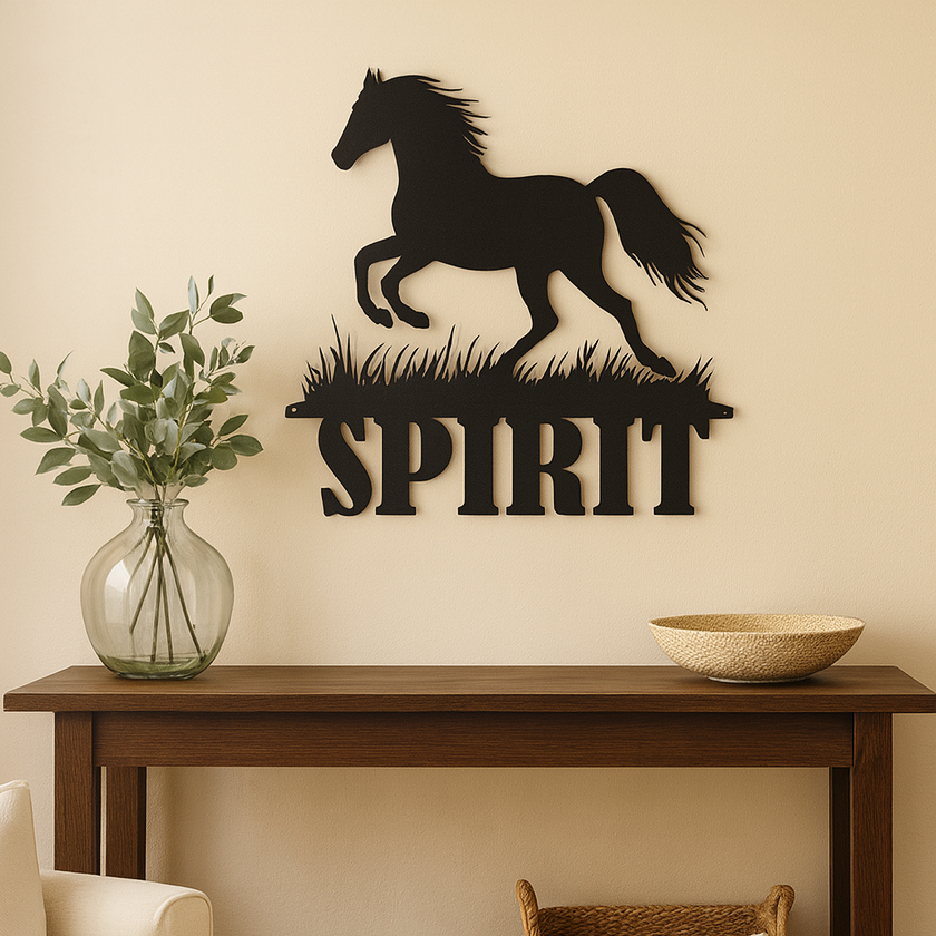 Decorative wall art with a horse silhouette and 'SPIRIT' text on a beige wall. design by Hoofbeat Equestrian Décor. Personalized wall art for barns, ranches, or homes.