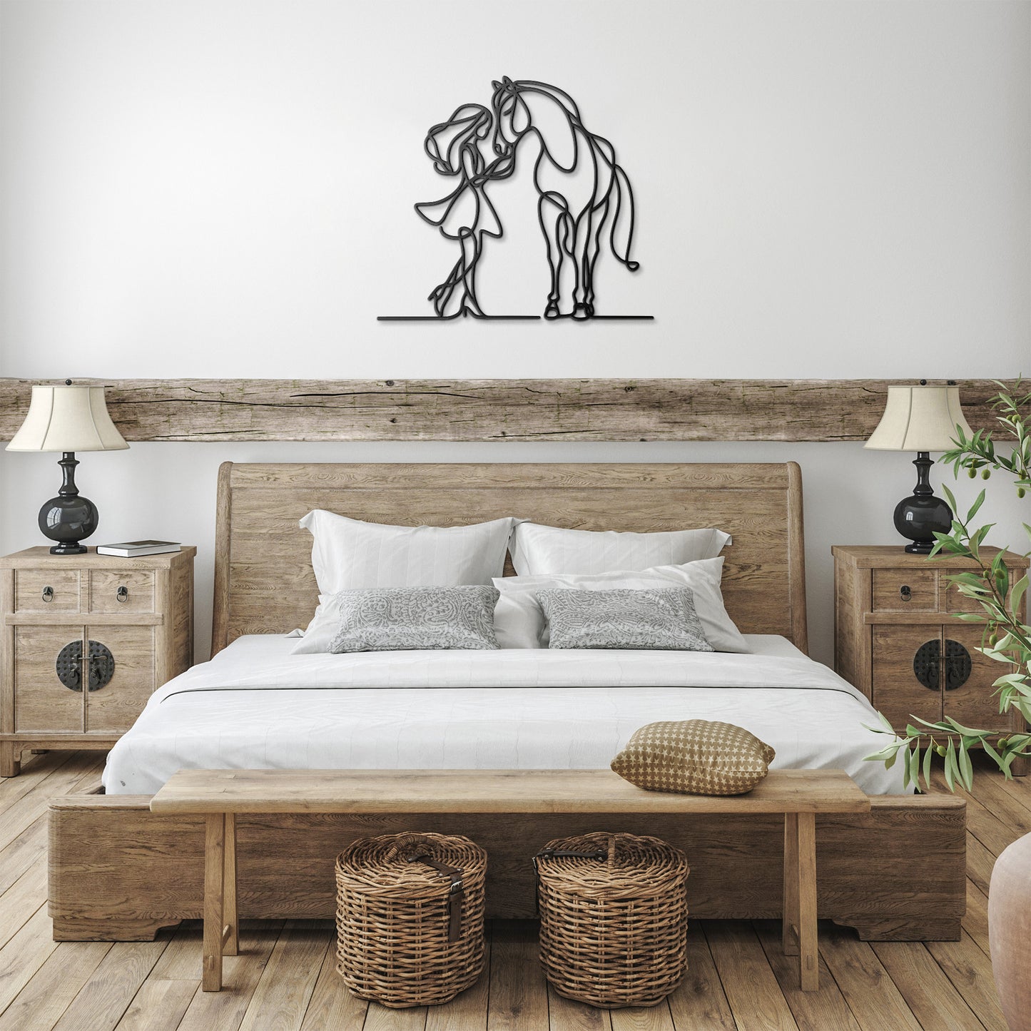 Girl and Horse Affection Fine Line Metal Wall Art