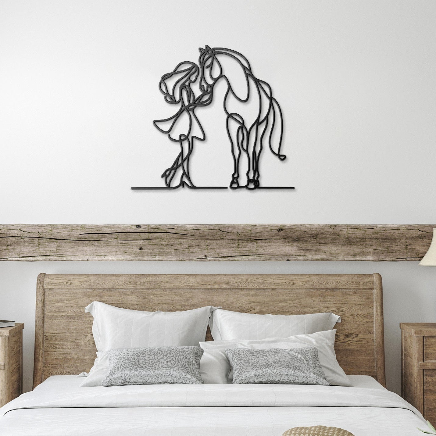 Girl and Horse Affection Fine Line Metal Wall Art