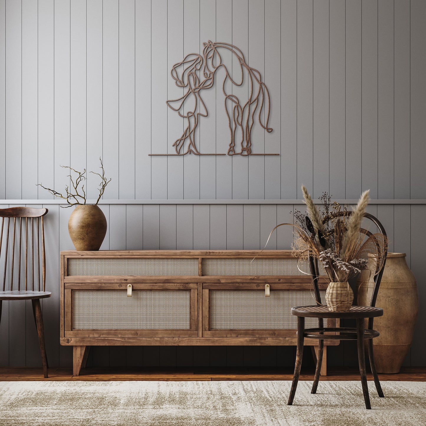 Girl and Horse Affection Fine Line Metal Wall Art