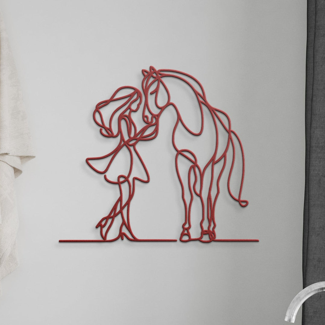 Girl and Horse Affection Fine Line Metal Wall Art