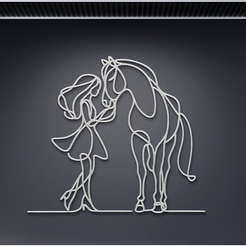 Girl and Horse Affection Fine Line Metal Wall Art