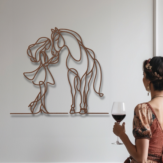 Girl and Horse Affection Fine Line Metal Wall Art