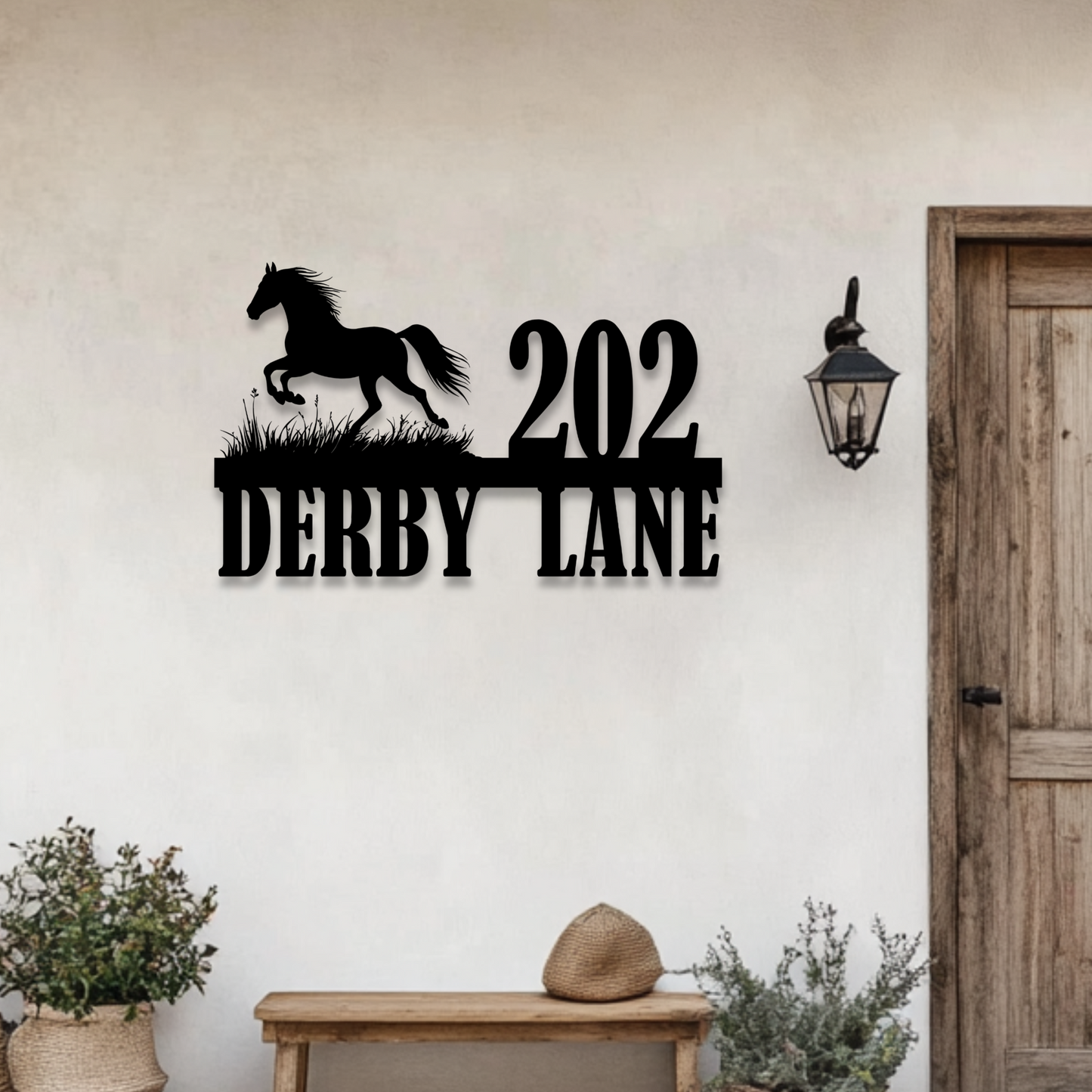 Custom galloping horse metal address sign with house number for farmhouse or barn
