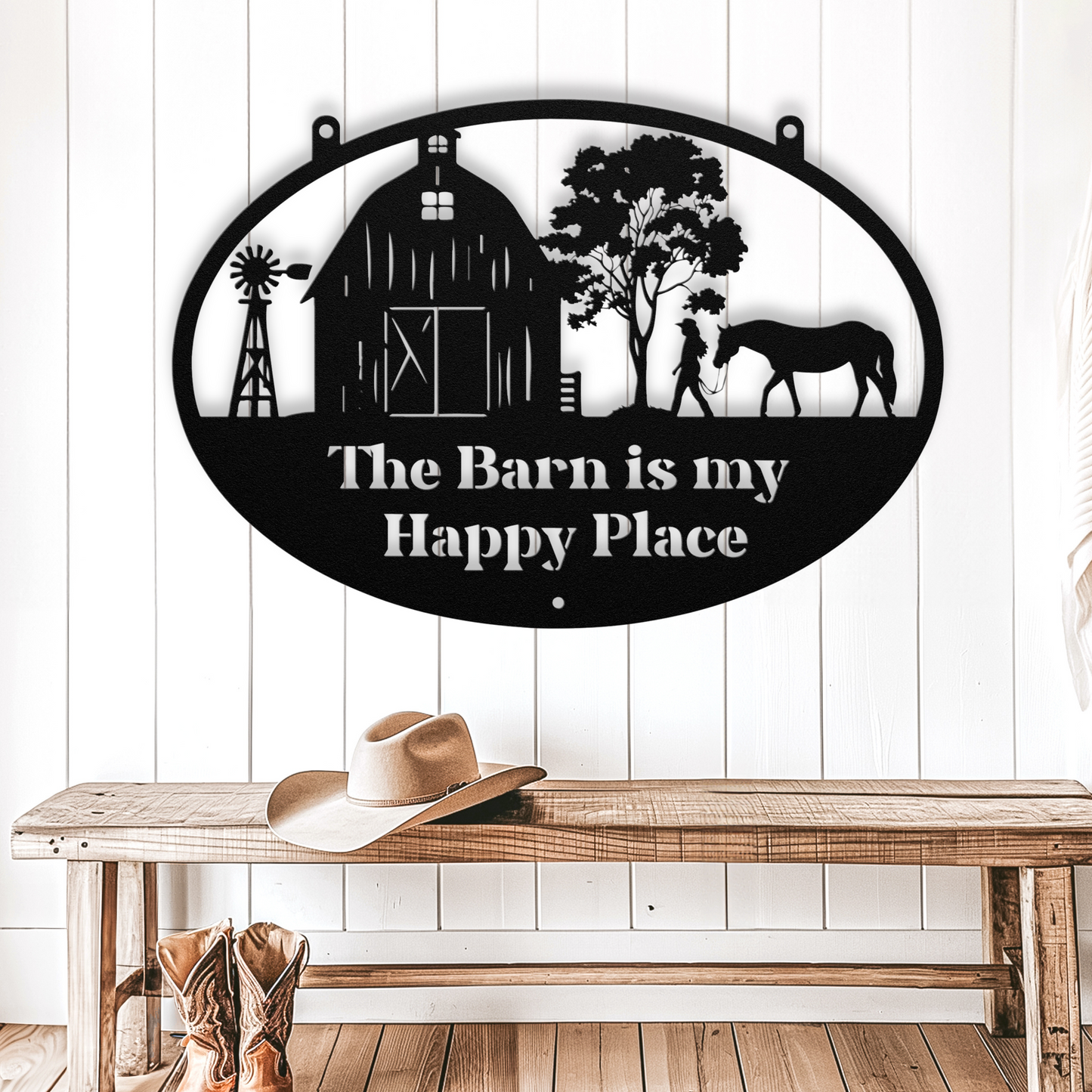 Black metal wall sign with barn, windmill, and horse silhouette that reads “The Barn is my Happy Place” on a white farmhouse wall.