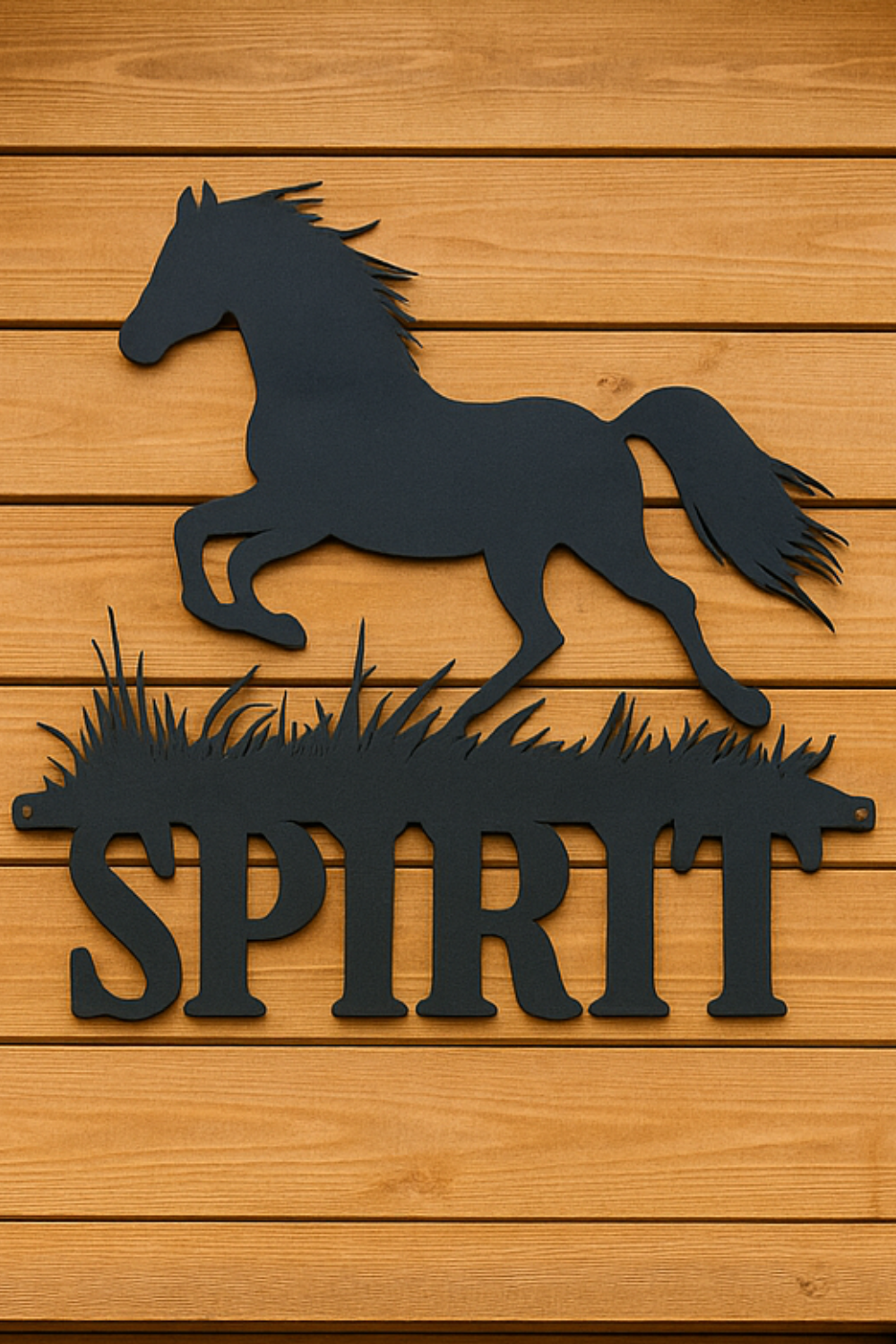 Black metal horse sign reading ‘SPIRIT’ mounted on a light wooden stable wall.