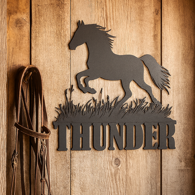 Custom metal horse name sign – “Thunder” design by Hoofbeat Equestrian Décor. Personalized wall art for barns, ranches, or homes.