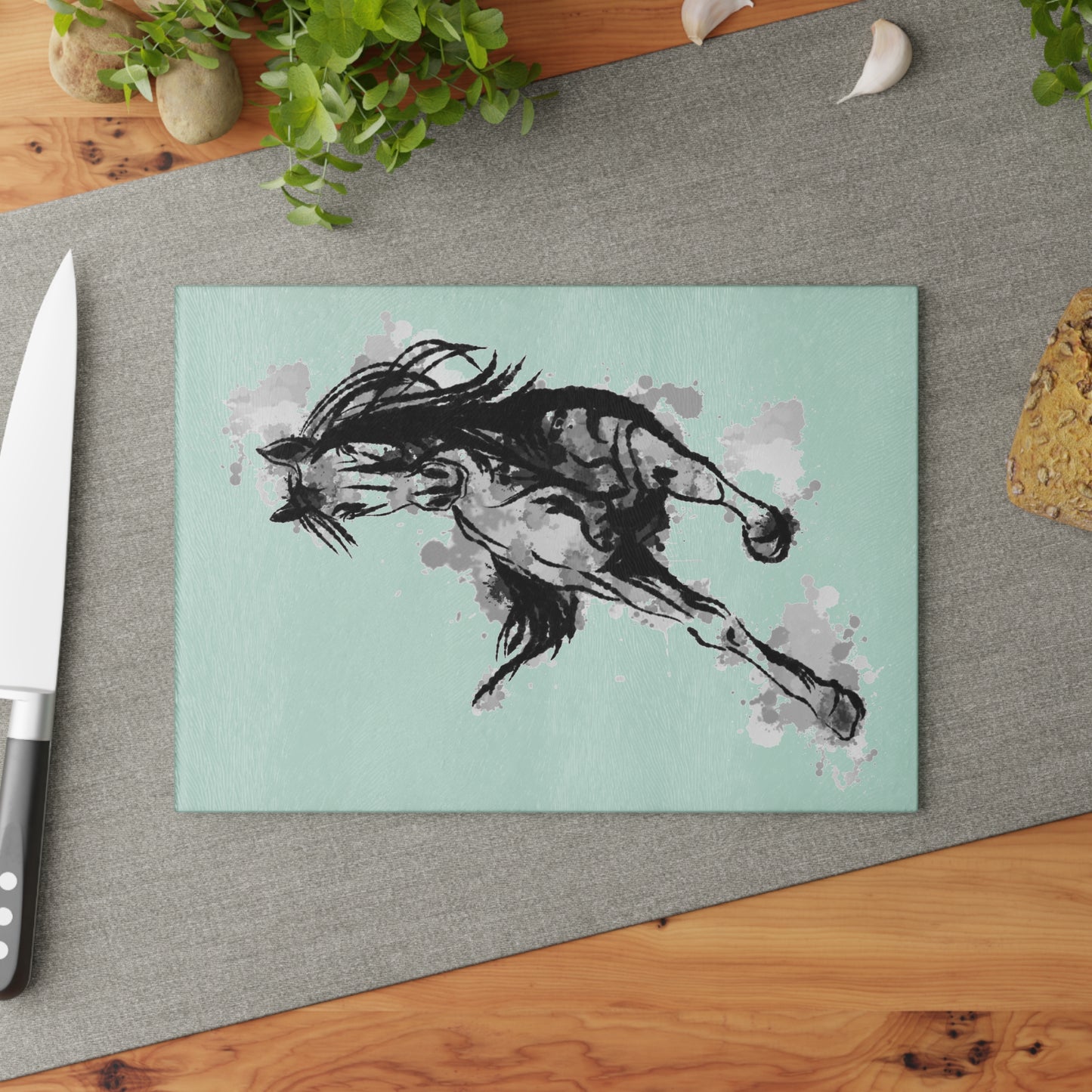 Horse Motion Glass Cutting Board — Watercolor Ink Stallion Kitchen Board