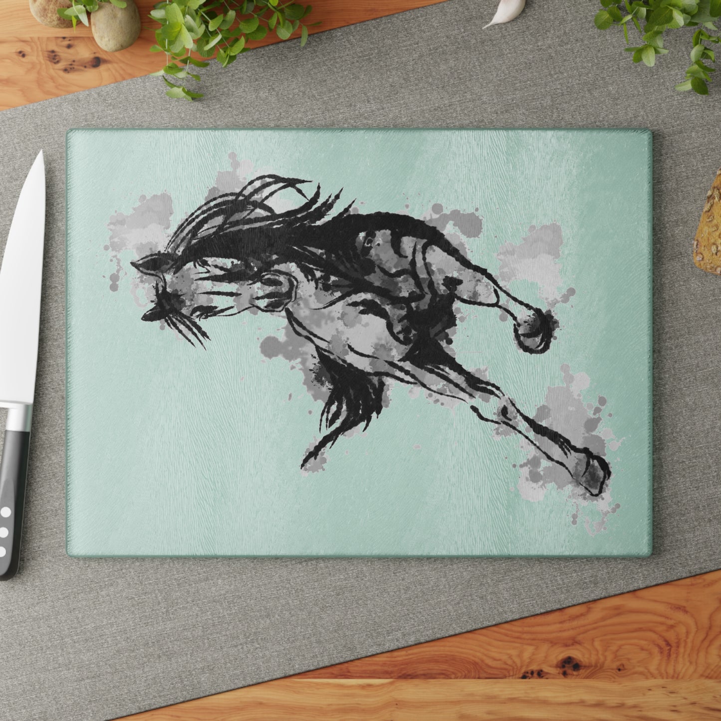 Horse Motion Glass Cutting Board — Watercolor Ink Stallion Kitchen Board