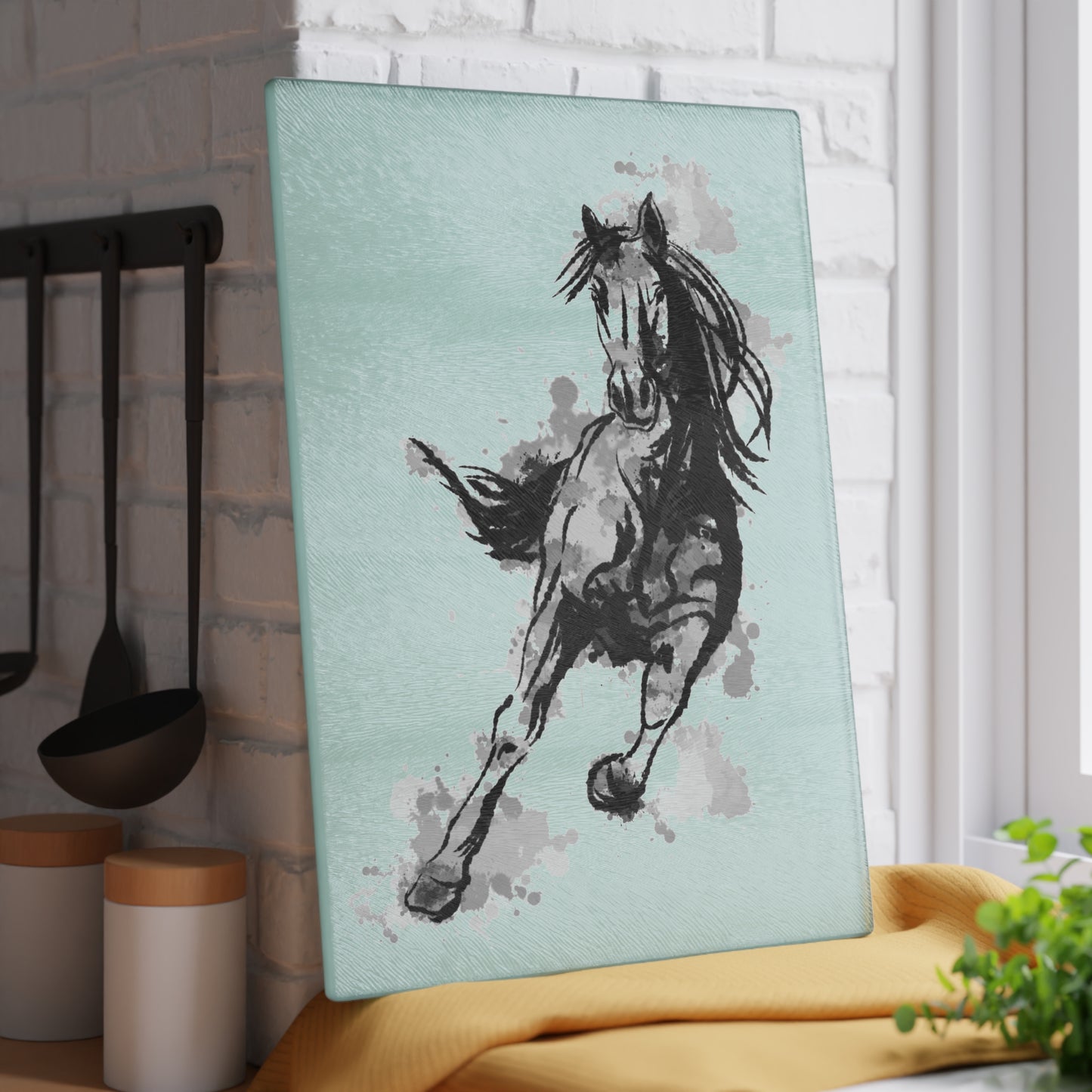 Horse Motion Glass Cutting Board — Watercolor Ink Stallion Kitchen Board
