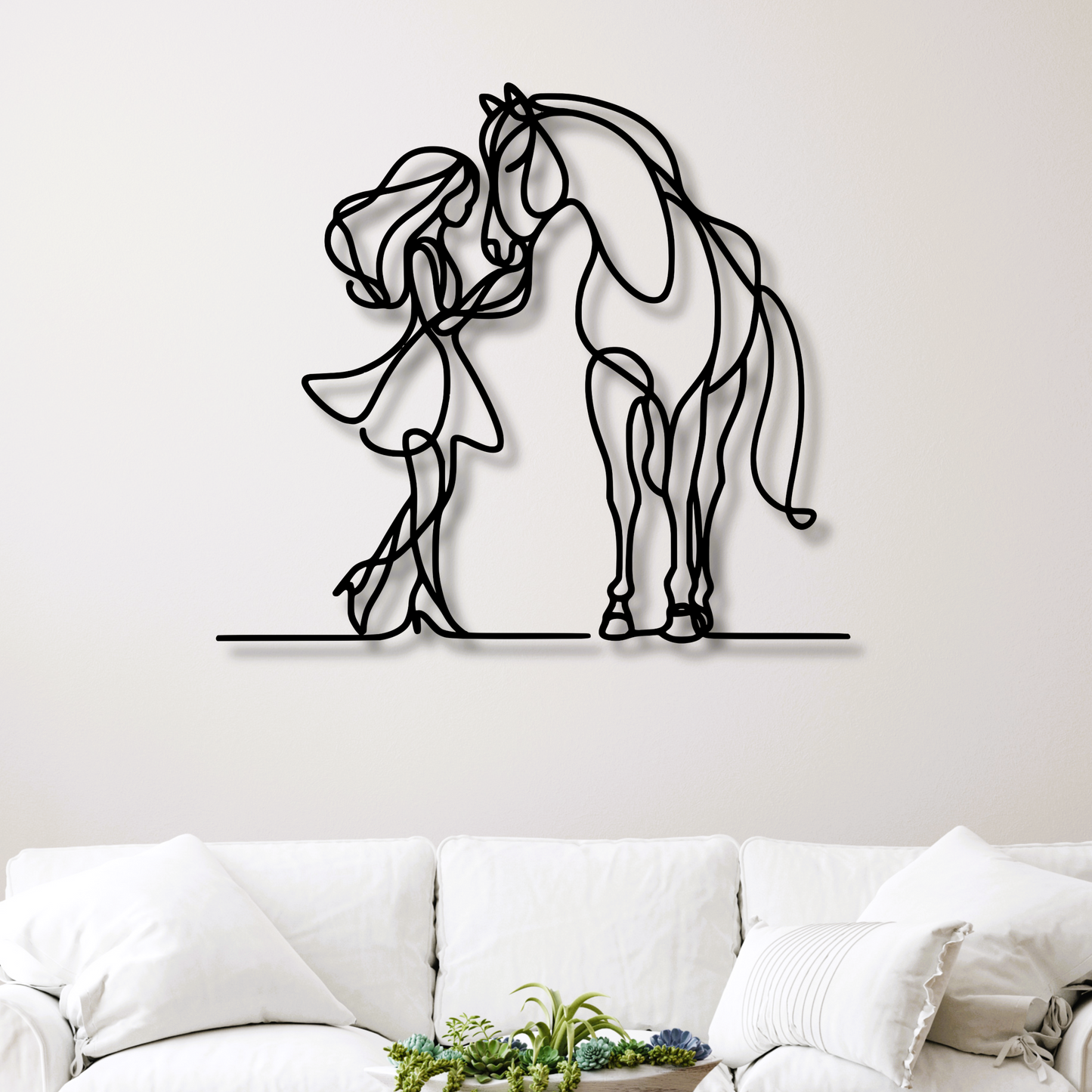 Girl and Horse Affection Fine Line Metal Wall Art