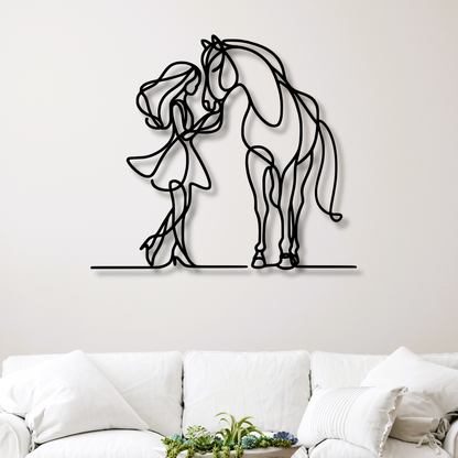 Girl and Horse Affection Fine Line Metal Wall Art