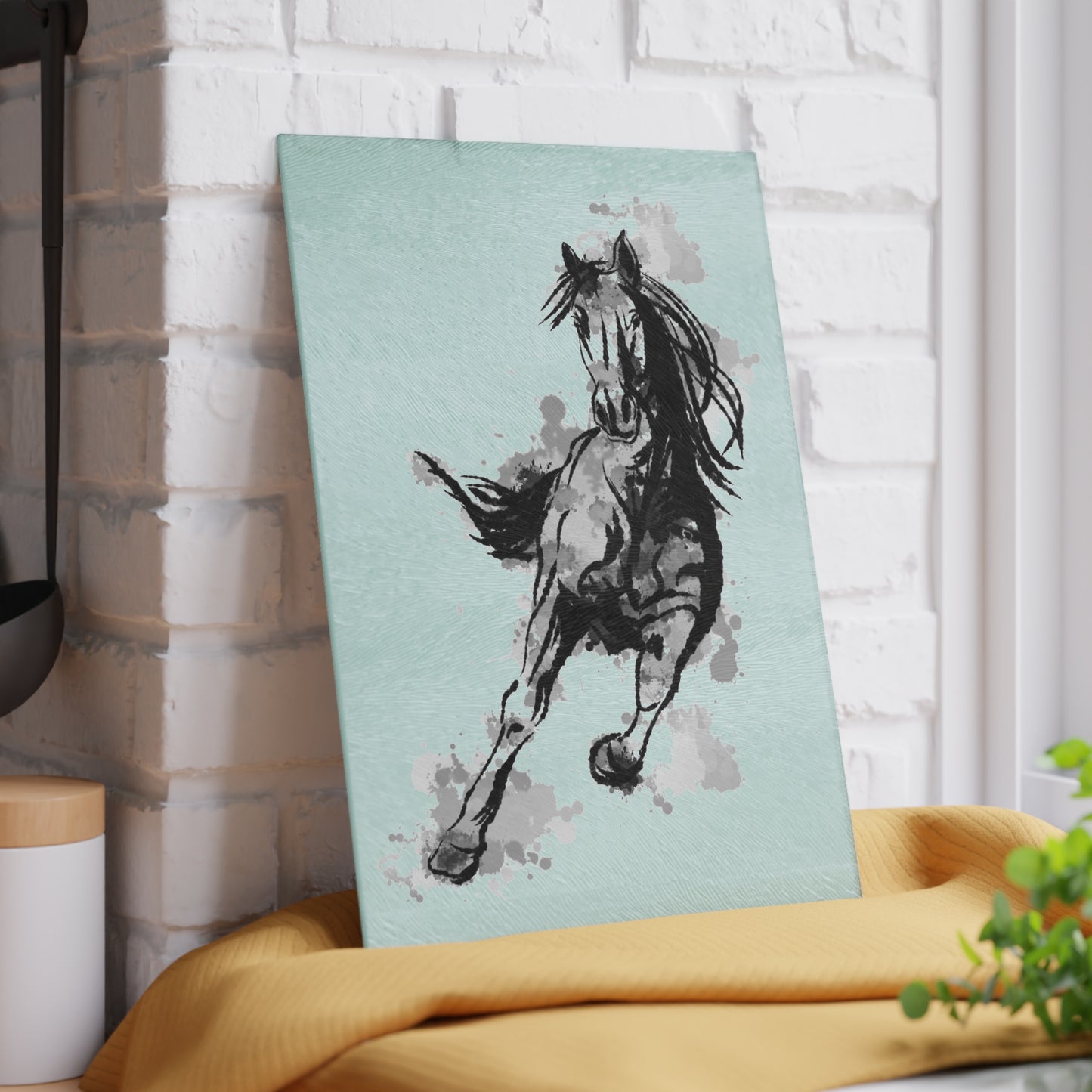 Horse Motion Glass Cutting Board — Watercolor Ink Stallion Kitchen Board