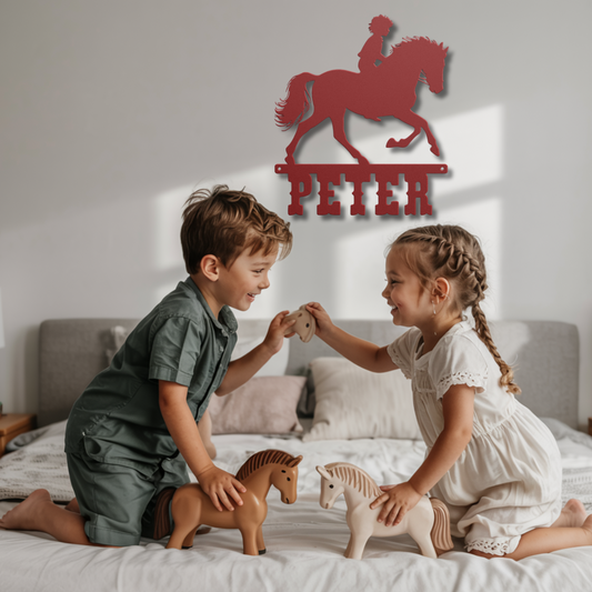 metal wall sign with silhouette of a boy riding a horse and custom  name  – rustic kids room equestrian decor.