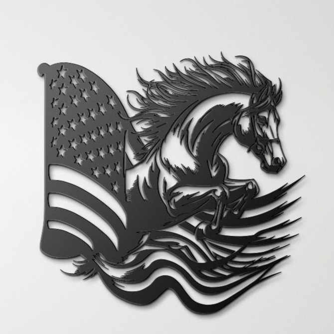 American flag horse metal wall art – galloping horse silhouette with flag, rustic patriotic decor for barn, porch, or farmhouse."