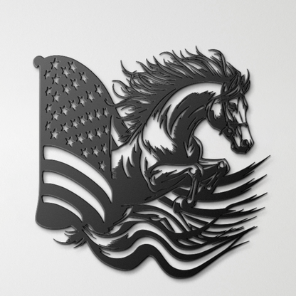 American flag horse metal wall art – galloping horse silhouette with flag, rustic patriotic decor for barn, porch, or farmhouse."