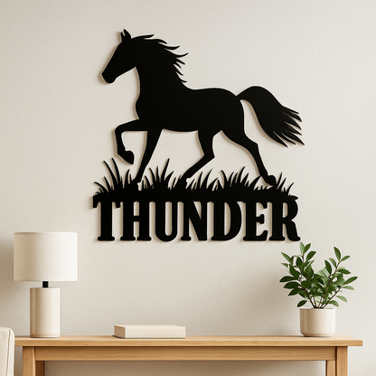 Custom metal horse name sign – “Thunder” design by Hoofbeat Equestrian Décor. Personalized wall art for barns, ranches, or homes. 
