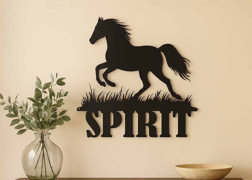 Custom metal horse name sign – “Spirit” design by Hoofbeat Equestrian Décor. Personalized wall art for barns, ranches, or homes. 