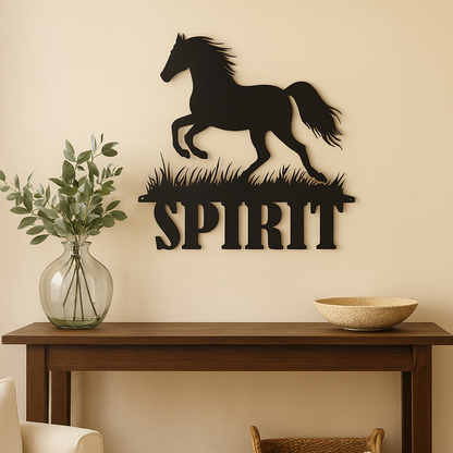Decorative wall art with a horse silhouette and 'SPIRIT' text on a beige wall. design by Hoofbeat Equestrian Décor. Personalized wall art for barns, ranches, or homes.