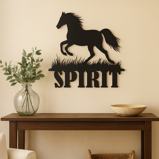 Decorative wall art with a horse silhouette and 'SPIRIT' text on a beige wall. design by Hoofbeat Equestrian Décor. Personalized wall art for barns, ranches, or homes.