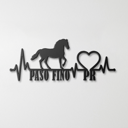 "Metal wall sign with Puerto Rican Paso Fino silhouette and heartbeat design – rustic equestrian décor