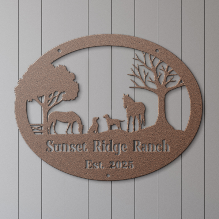 Farm_Sign_with_Horses_and_Dogs_Copper_Rustic_Hallway_Mockup.png