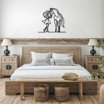 Girl and Horse Affection Fine Line Metal Wall Art