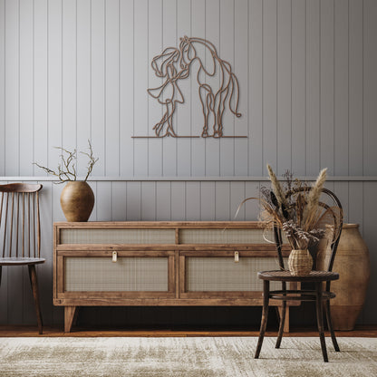 Girl and Horse Affection Fine Line Metal Wall Art