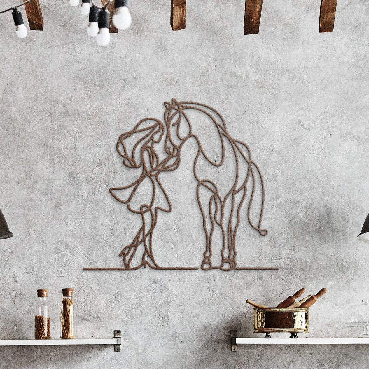 Girl and Horse Affection Fine Line Metal Wall Art