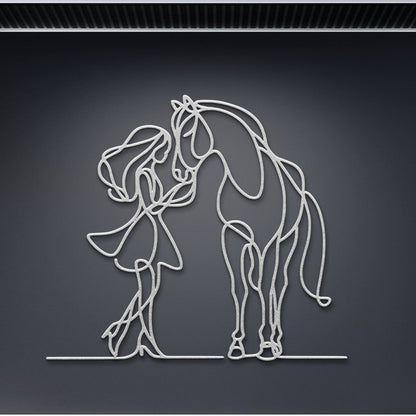 Girl and Horse Affection Fine Line Metal Wall Art