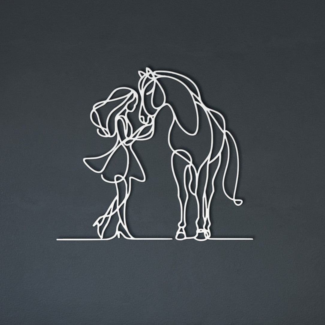 Girl and Horse Affection Fine Line Metal Wall Art