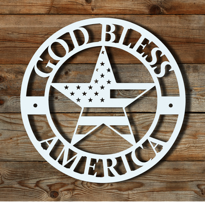 Circular metal wall sign with a star and the words “God Bless America,” 