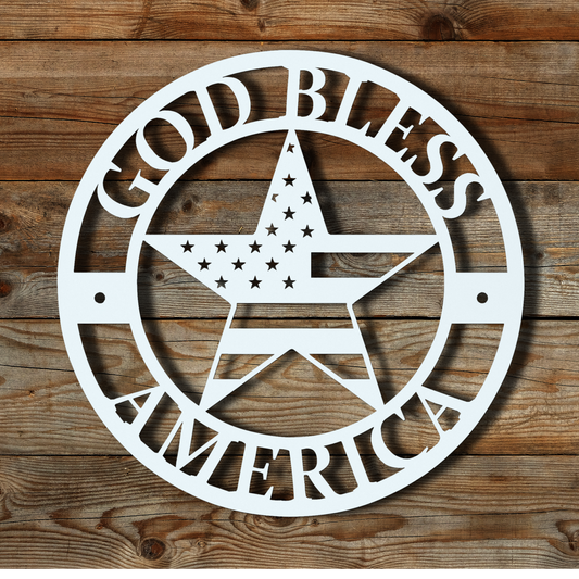 Circular metal wall sign with a star and the words “God Bless America,” 