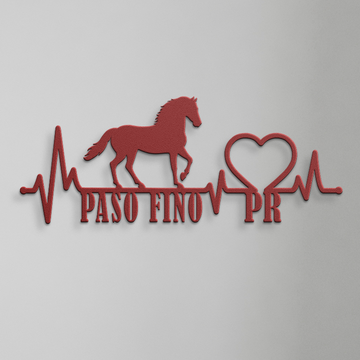 Laser-cut equestrian metal art featuring Paso Fino heartbeat design