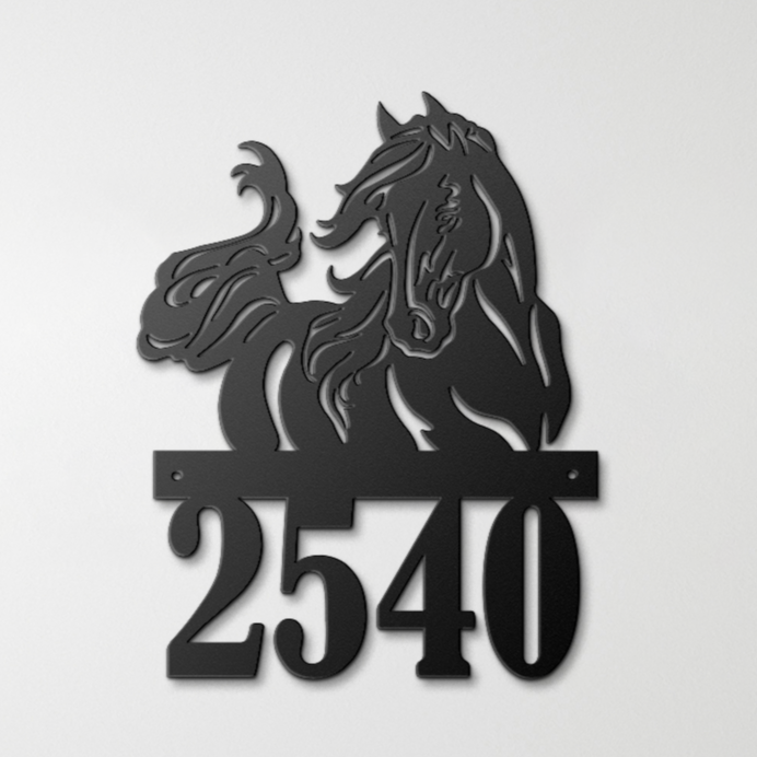 Custom metal address sign featuring a majestic horse silhouette with flowing mane and bold house number, ideal for farmhouse or ranch décor.