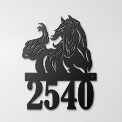 Custom metal address sign featuring a majestic horse silhouette with flowing mane and bold house number, ideal for farmhouse or ranch décor.