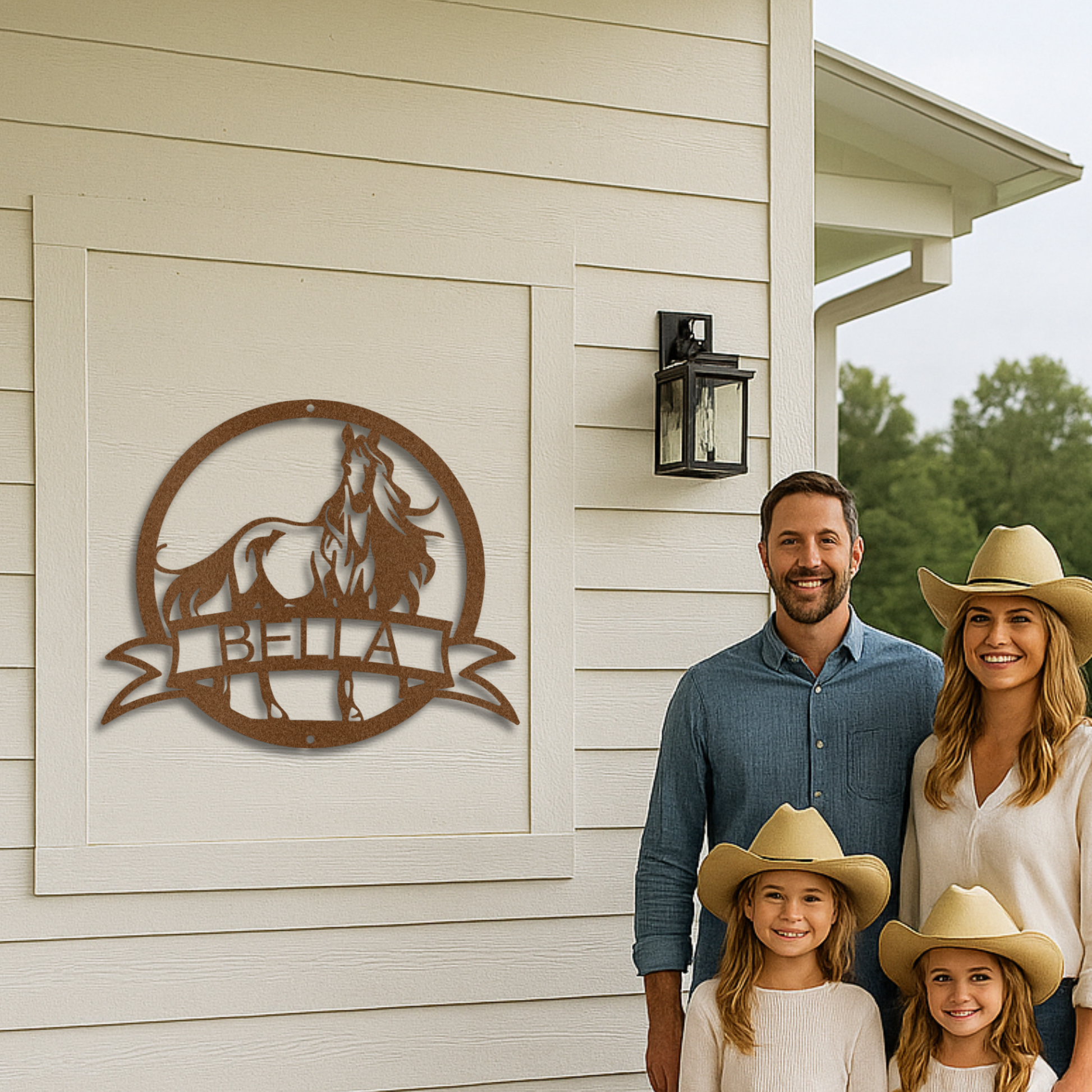 Family of four standing in front of a building with a customized 'Bella' metal sign featuring horses.