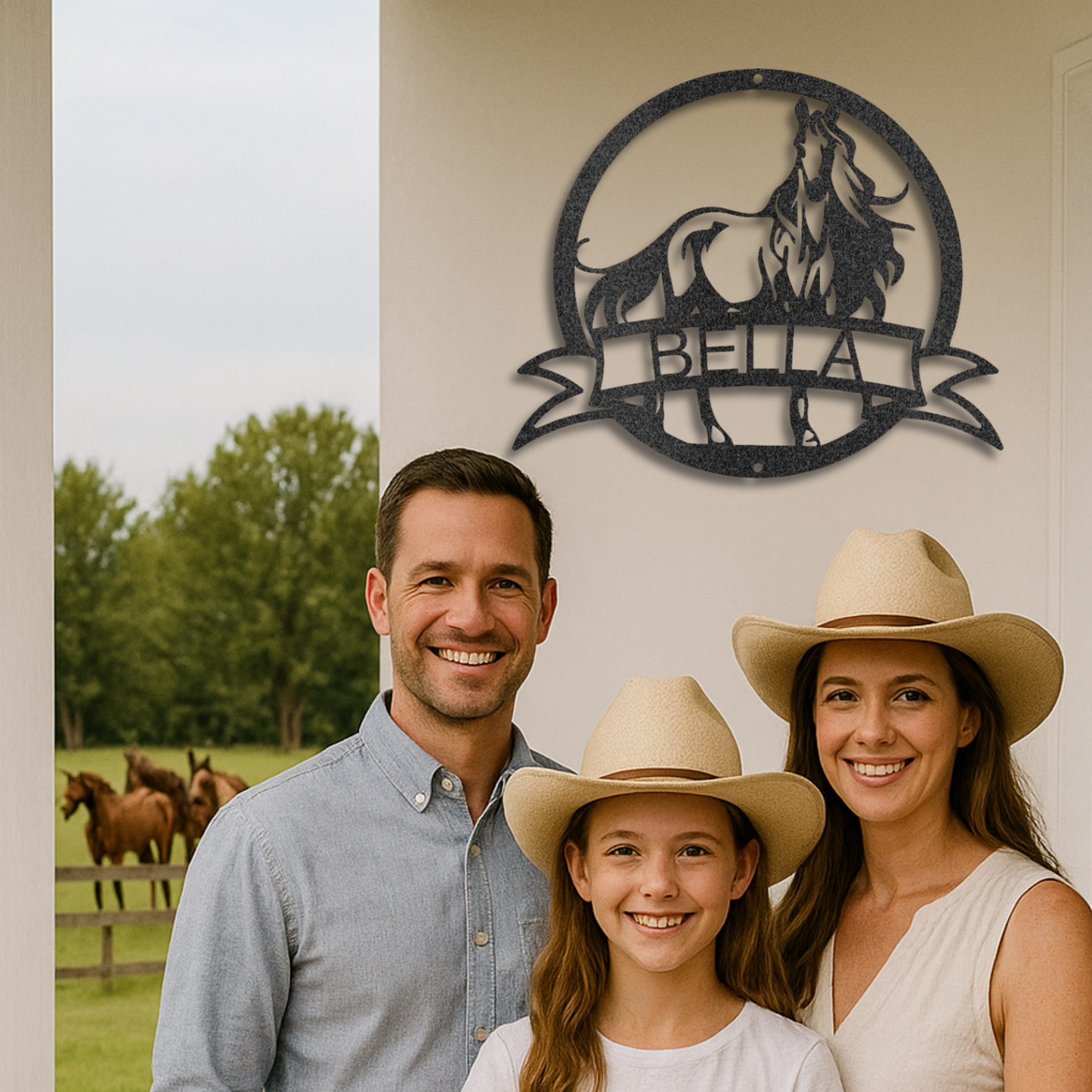 Family of three, including a man, young girl, and woman, standing in front of a metal sign with 'Bella' and images of horses.