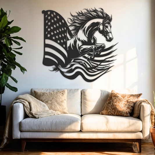 Black metal wall art featuring a galloping horse with flowing mane overlaid on a waving USA flag