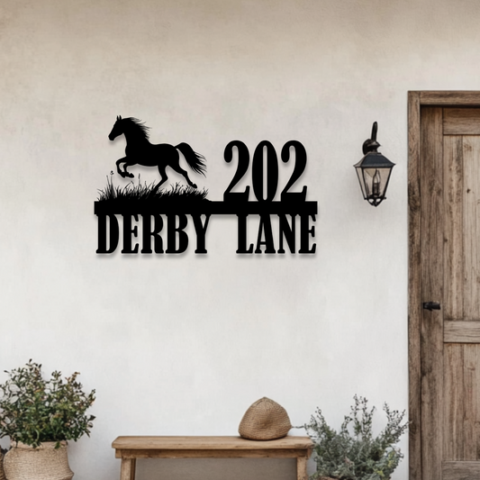 Custom galloping horse metal address sign with house number for farmhouse or barn
