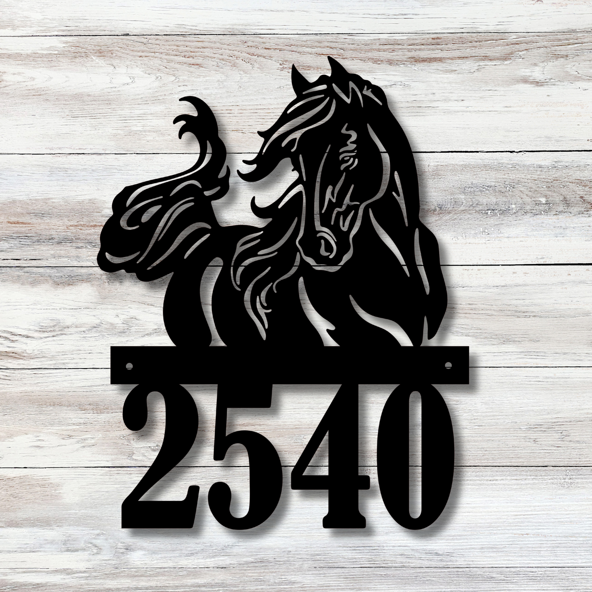 Black metal house number sign with horse silhouette and flowing mane – personalized and rustic for barn or farmhouse entry.