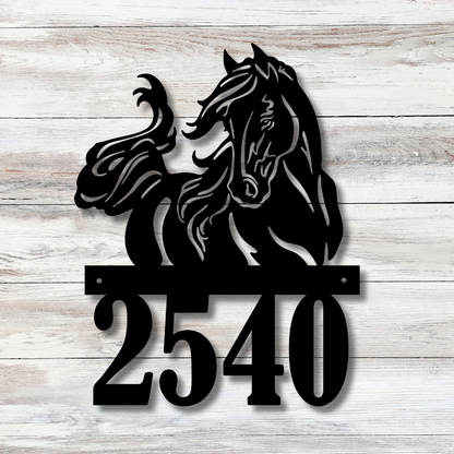 Black metal house number sign with horse silhouette and flowing mane – personalized and rustic for barn or farmhouse entry.
