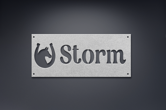 Metal sign with 'Storm' and a horse logo on a dark background