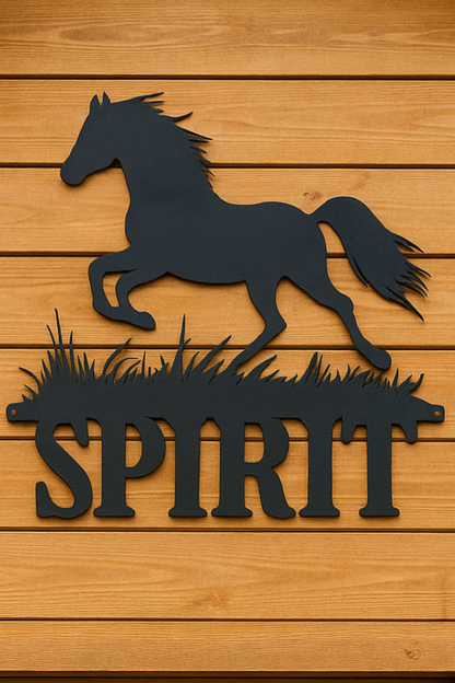 Black metal horse sign reading ‘SPIRIT’ mounted on a light wooden stable wall.