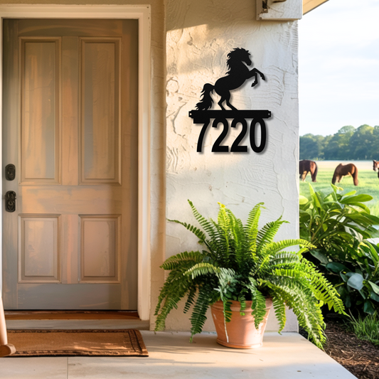 Black metal rearing horse address sign with custom house number – rustic equestrian décor for farmhouse or ranch entrance
